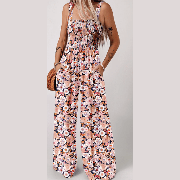 RTS Franny Black Floral Print Smocked High Waist Square Neck Jumpsuit