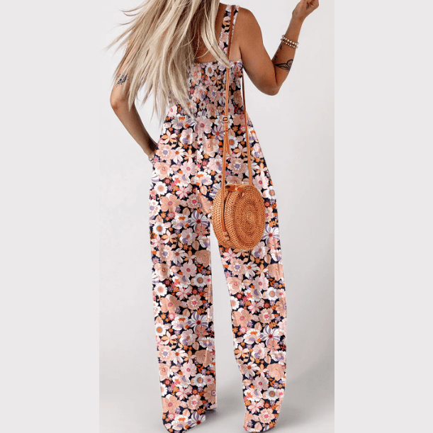 RTS Franny Black Floral Print Smocked High Waist Square Neck Jumpsuit