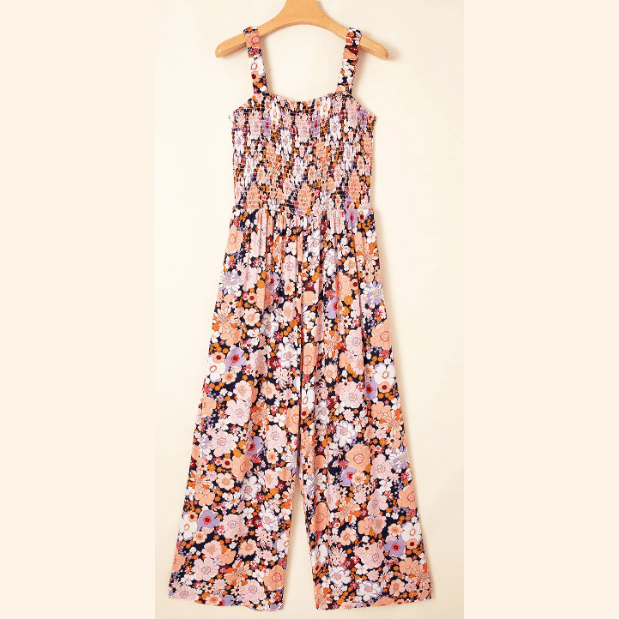 RTS Franny Black Floral Print Smocked High Waist Square Neck Jumpsuit