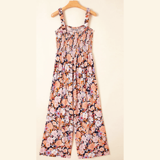 RTS Franny Black Floral Print Smocked High Waist Square Neck Jumpsuit
