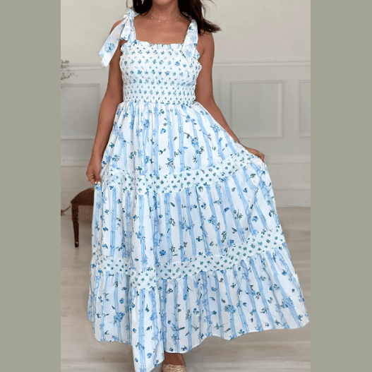 RTS Georgie Sky Blue Floral Smocked Tied Straps A-Lined Tiered Maxi Dress