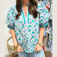 Kally Green Floral Print Striped Trim Split V Neck Puff Short Sleeve Blouse