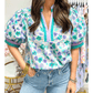 Kally Green Floral Print Striped Trim Split V Neck Puff Short Sleeve Blouse