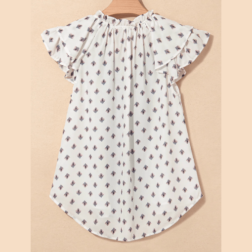 Latisha White Boho Pattern Tiered Ruffled Sleeve V Neck Buttoned Blouse