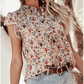 Adra Boho Floral Frilled Button Neck Ruffle Short Sleeve Blouse