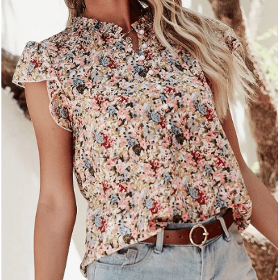 Adra Boho Floral Frilled Button Neck Ruffle Short Sleeve Blouse
