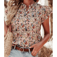 Adra Boho Floral Frilled Button Neck Ruffle Short Sleeve Blouse