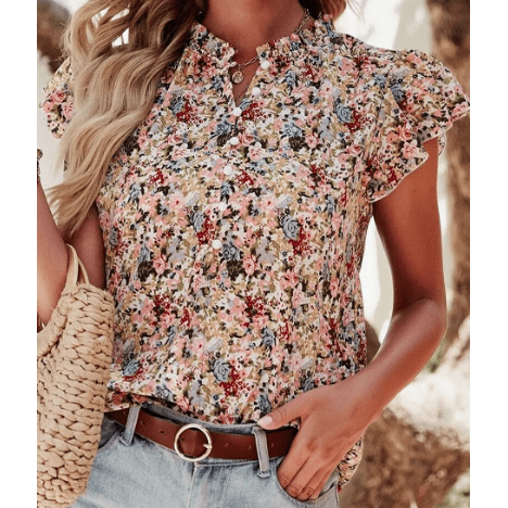 Adra Boho Floral Frilled Button Neck Ruffle Short Sleeve Blouse