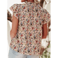 Adra Boho Floral Frilled Button Neck Ruffle Short Sleeve Blouse