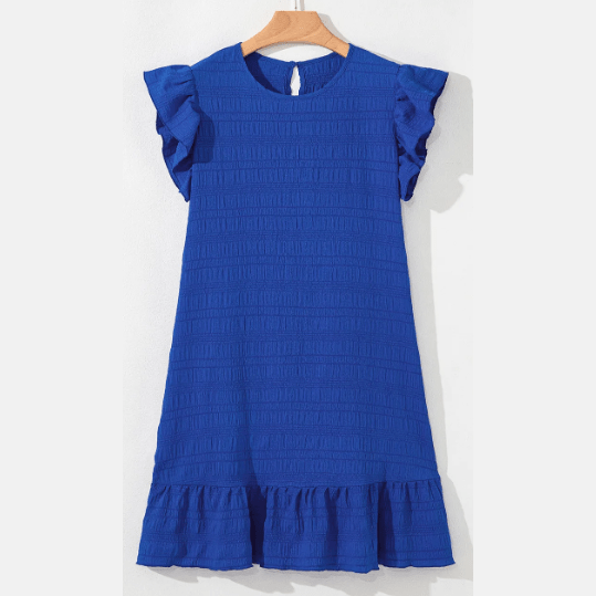 Roberta Blue Textured Flutter Sleeve Ruffled Mini Dress
