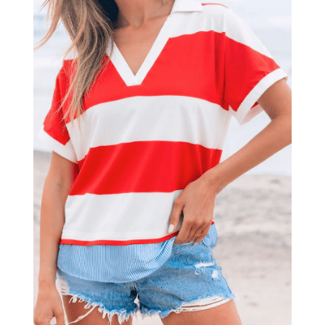Stelly Red Stripe Collar V Neck Cuffed Dolman Short Sleeve Top