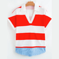 Stelly Red Stripe Collar V Neck Cuffed Dolman Short Sleeve Top