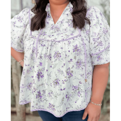 Faron Purple Floral Trimmed Detail Split Neck PLUS SIZE Top