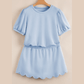 Hosanna Beau Blue Puff Sleeve Pearl Embellished Scallop Trim Top 2 Piece Skort Set