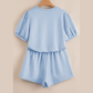Hosanna Beau Blue Puff Sleeve Pearl Embellished Scallop Trim Top 2 Piece Skort Set