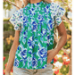 Karsten Green Floral Print Lace Trim Contrast Ruffle Sleeve Pleated Loose Blouse