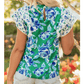 Karsten Green Floral Print Lace Trim Contrast Ruffle Sleeve Pleated Loose Blouse