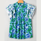 Karsten Green Floral Print Lace Trim Contrast Ruffle Sleeve Pleated Loose Blouse