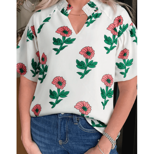 Lauretta Floral Print Shirred Split Neck Short Sleeve Blouse