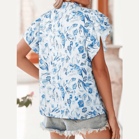 Lex Sky Blue Floral Print Ruffled Short Sleeve Blouse
