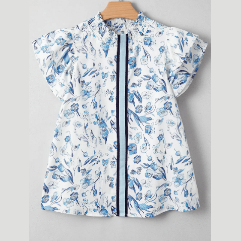 Lex Sky Blue Floral Print Ruffled Short Sleeve Blouse