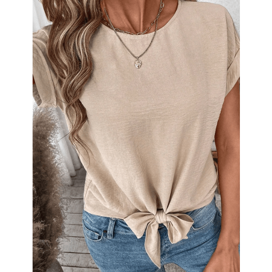 Maylee Parchment Knotted Hem Short Sleeve Blouse