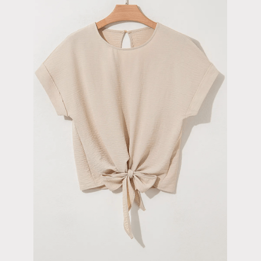 Maylee Parchment Knotted Hem Short Sleeve Blouse