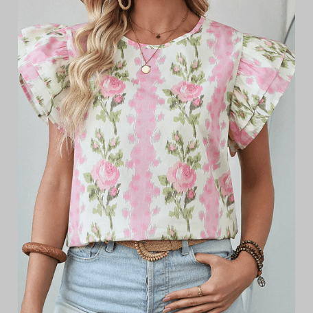 Persephone Pink Floral Print Ruffled Sleeve Summer Top