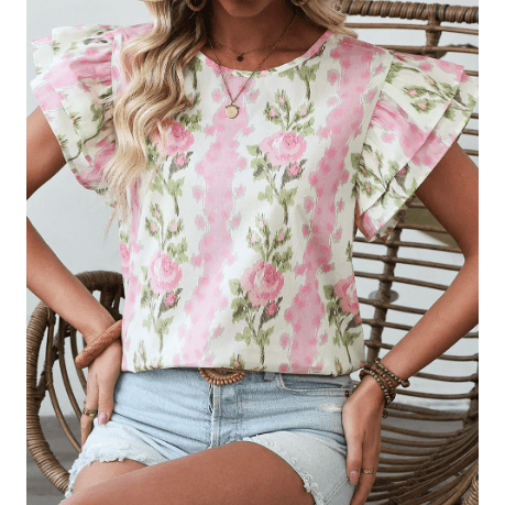 Persephone Pink Floral Print Ruffled Sleeve Summer Top