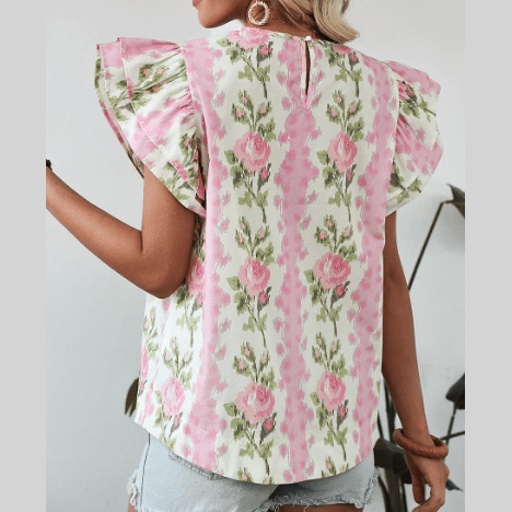 Persephone Pink Floral Print Ruffled Sleeve Summer Top