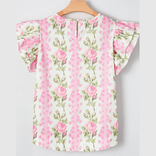 Persephone Pink Floral Print Ruffled Sleeve Summer Top