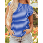 Whitlee Sky Blue Stripe Ribbed Cap Sleeve Round Neck T Shirt