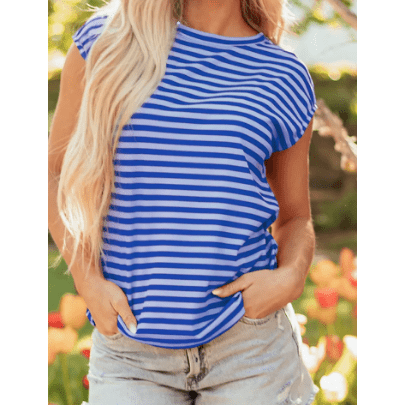 Whitlee Sky Blue Stripe Ribbed Cap Sleeve Round Neck T Shirt