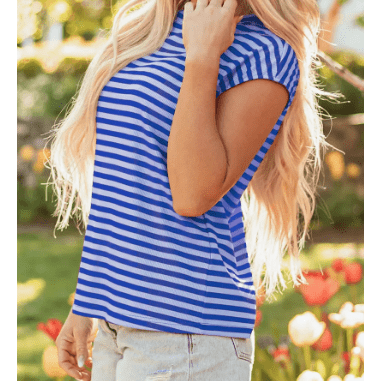 Whitlee Sky Blue Stripe Ribbed Cap Sleeve Round Neck T Shirt