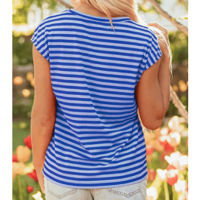 Whitlee Sky Blue Stripe Ribbed Cap Sleeve Round Neck T Shirt