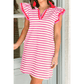 Lilybeth Sachet Pink Stripe Print Contrast Collar Split Neck Flutter Sleeve Short Dress