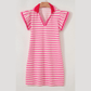 Lilybeth Sachet Pink Stripe Print Contrast Collar Split Neck Flutter Sleeve Short Dress
