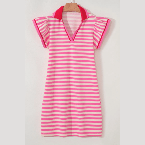 Lilybeth Sachet Pink Stripe Print Contrast Collar Split Neck Flutter Sleeve Short Dress