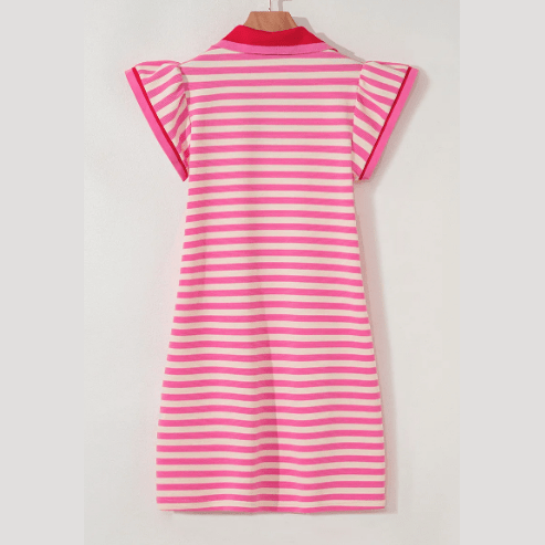 Lilybeth Sachet Pink Stripe Print Contrast Collar Split Neck Flutter Sleeve Short Dress