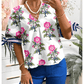 Rolanda White Floral Colorblock Stripe Knot Bubble Sleeve V Neck Blouse