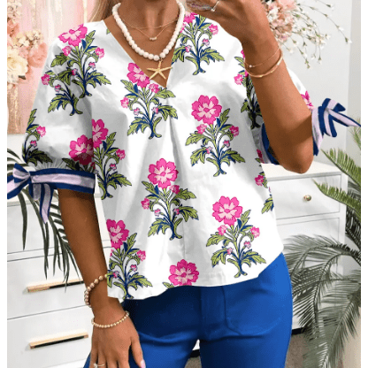Rolanda White Floral Colorblock Stripe Knot Bubble Sleeve V Neck Blouse