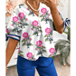 Rolanda White Floral Colorblock Stripe Knot Bubble Sleeve V Neck Blouse