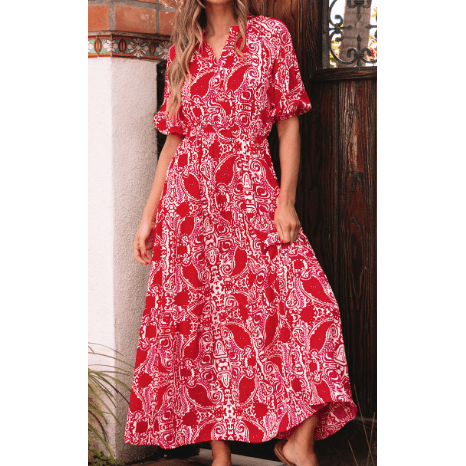 Antoinette Red Paisley Print Side Slit Puff Sleeve High Waist Maxi Dress