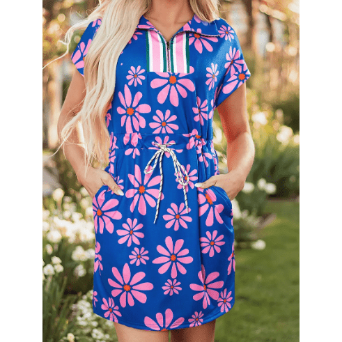 Dena Purple Floral Striped Quarter Zip Cap Sleeve Drawstring Waist Mini Dress