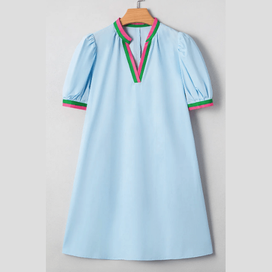 Harmony Contrast Striped Notched V Neck Puff Sleeve Mini Dress