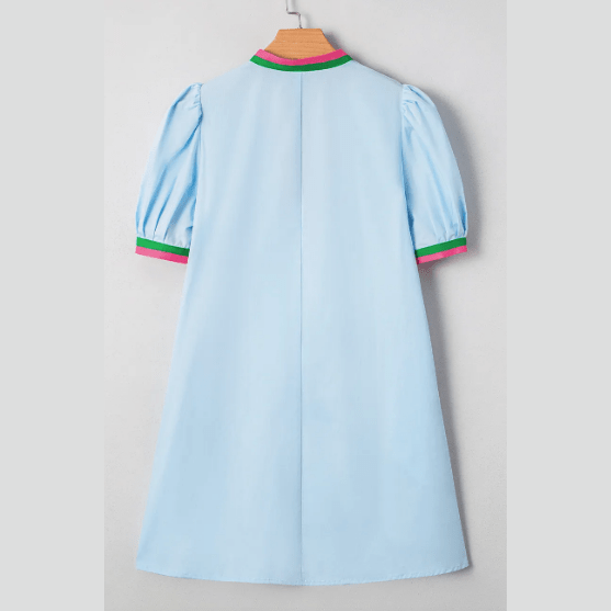 Harmony Contrast Striped Notched V Neck Puff Sleeve Mini Dress