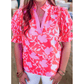 Norabel Floral Split V Neck Ruffled Short Sleeve Blouse Top