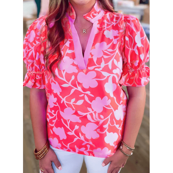 Norabel Floral Split V Neck Ruffled Short Sleeve Blouse Top