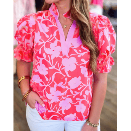 Norabel Floral Split V Neck Ruffled Short Sleeve Blouse Top