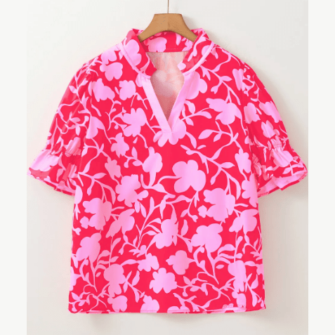 Norabel Floral Split V Neck Ruffled Short Sleeve Blouse Top